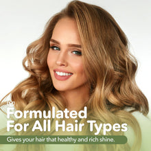 Load image into Gallery viewer, Woman with styled hair and text 'Formulated For All Hair Types' on a light background