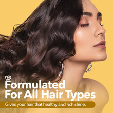 Load image into Gallery viewer, Woman with styled hair against a yellow background with text about hair care product.