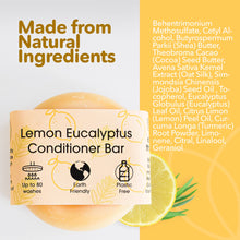 Load image into Gallery viewer, Lemon Eucalyptus Conditioner Bar with natural ingredients list on a yellow background