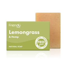 Load image into Gallery viewer, Lemongrass & Hemp natural soap with green packaging on a white background