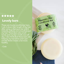 Load image into Gallery viewer, Rosemary Lime Conditioner Bar with packaging and text on a green background