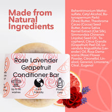 Load image into Gallery viewer, Rose Lavender Grapefruit Conditioner Bar with natural ingredients list on a pink and white background