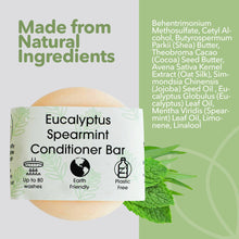 Load image into Gallery viewer, Eucalyptus Spearmint Conditioner Bar packaging with natural ingredients list on a green background