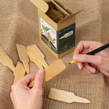 Load image into Gallery viewer, Wooden plant labels with a box labeled 'Garden Labels' on a burlap background.