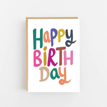 Load image into Gallery viewer, Colorful 'Happy Birthday' text on a white background with a wooden frame.