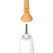 Load image into Gallery viewer, Close-up of a pendant light with wooden shade on a white background