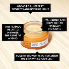 Load image into Gallery viewer, Jar of night cream with text highlighting ingredients on a beige background