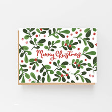 Load image into Gallery viewer, A folded A6 greeting card with a mistletoe design and 'Merry Christmas' text, printed on 350gsm textured FSC-certified paper, accompanied by a Kraft recycled envelope.