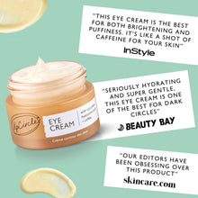 Load image into Gallery viewer, Eye cream jar with positive reviews from InStyle, Beauty Bay, and skincare.com on a light green background.