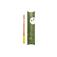 Load image into Gallery viewer, Bamboo toothbrush with green packaging featuring a panda design on a white background