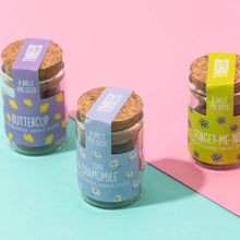 Load image into Gallery viewer, Three glass jars with cork lids on a pink and blue gradient background
