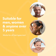 Load image into Gallery viewer, Promotional graphic with text 'Suitable for men, women & anyone over 5 years' and images of people washing hair.