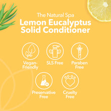 Load image into Gallery viewer, Lemon Eucalyptus Solid Conditioner packaging with natural ingredients on a yellow background
