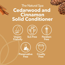 Load image into Gallery viewer, Cedarwood and Cinnamon Solid Conditioner packaging with natural spa branding on a brown background.