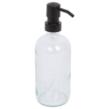 Load image into Gallery viewer, Clear glass bottle with black pump dispenser on a white background