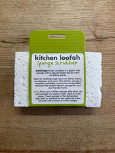 Load image into Gallery viewer, A packaged kitchen loofah sponge scrubber with a bright green header card and two white textured sponge blocks, photographed on a wood surface.