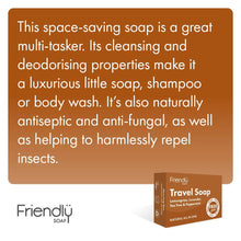 Load image into Gallery viewer, Advertisement for Friendly Soap travel soap with text on an orange background