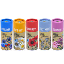 Load image into Gallery viewer, Five cylindrical seed packaging containers with colorful labels and floral illustrations on a white background.