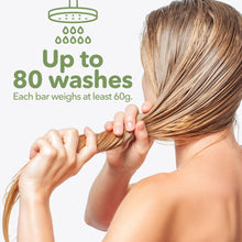 Load image into Gallery viewer, Person holding wet hair with text about shampoo bar durability and weight.
