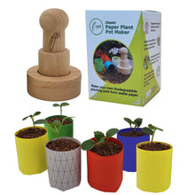 Load image into Gallery viewer, Wooden paper plant pot maker with colorful biodegradable pots and packaging on a white background