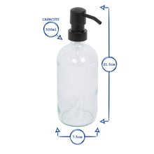 Load image into Gallery viewer, Clear bottle with black pump dispenser and measurements on a white background