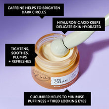 Load image into Gallery viewer, Eye cream jar with a spoonful of cream on a purple background, featuring text about ingredients and benefits.