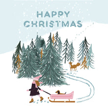 Load image into Gallery viewer, Christmas card with a girl, dog, and deer in a snowy forest