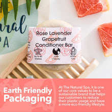 Load image into Gallery viewer, Rose Lavender Grapefruit Conditioner Bar with packaging details on a white background
