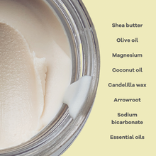 Load image into Gallery viewer, Close-up of a jar with shea butter and olive oil, and a list of ingredients on a yellow background.
