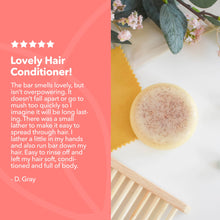 Load image into Gallery viewer, Hair conditioner bar with review text on a pink background
