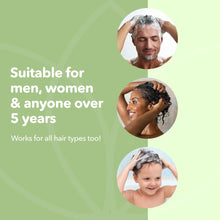 Load image into Gallery viewer, Promotional graphic with three people washing their hair, text indicating suitability for all ages and hair types on a green background.
