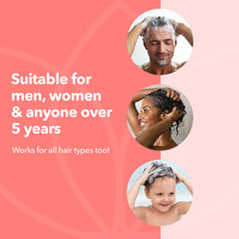 Load image into Gallery viewer, Promotional graphic with text 'Suitable for men, women &amp; anyone over 5 years. Works for all hair types too!' on a pink background.
