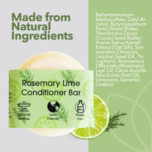 Load image into Gallery viewer, Rosemary Lime Conditioner Bar with natural ingredients list on a green and gray background
