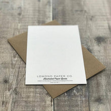 Load image into Gallery viewer, White card with brown envelope on a wooden surface, featuring Lomond Paper Co branding.
