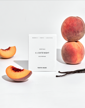 Load image into Gallery viewer, Peaches and a vanilla bean with a product label on a white background
