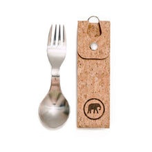 Load image into Gallery viewer, Set of silver fork and spoon with cork case on a white background
