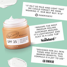 Load image into Gallery viewer, Jar of sunscreen cream with positive reviews on a green background
