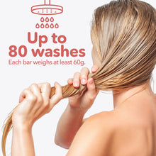 Load image into Gallery viewer, Person holding wet hair with text about shampoo bar durability and weight.
