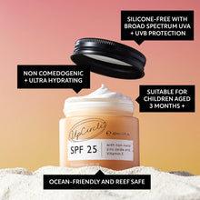 Load image into Gallery viewer, UpCircle SPF 25 sunscreen jar with text highlighting features on a gradient background
