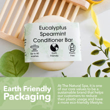 Load image into Gallery viewer, Eucalyptus Spearmint Conditioner Bar with Earth Friendly Packaging label on a white background with green leaves.
