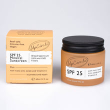 Load image into Gallery viewer, UpCircle SPF 25 mineral sunscreen jar and packaging on a white background
