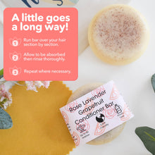 Load image into Gallery viewer, Rose Lavender Grapefruit conditioner bar with packaging and usage instructions on a floral background
