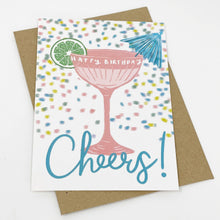 Load image into Gallery viewer, Birthday card with a pink cocktail glass, lime, and confetti on a brown envelope.
