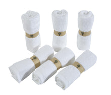 Load image into Gallery viewer, Set of white towels with brown bands on a white background
