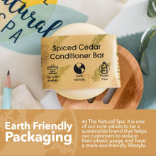 Load image into Gallery viewer, Spiced Cedar Conditioner Bar with Earth Friendly Packaging on a wooden surface
