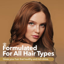 Load image into Gallery viewer, Woman with brown hair against a brown background with text about hair product formulation.
