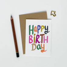 Load image into Gallery viewer, Colorful 'Happy Birthday' card with a brown envelope and pencil on a white background
