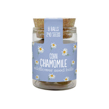 Load image into Gallery viewer, Jar of corn chamomile wildflower seed balls with a blue label on a white background
