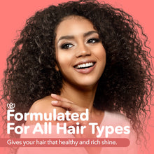 Load image into Gallery viewer, Woman with curly hair on a pink background with text about hair care product.
