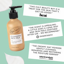 Load image into Gallery viewer, UpCircle cleansing face milk bottle with positive reviews on a green background
